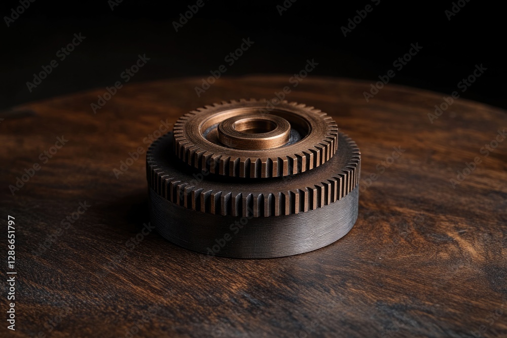 A close-up shot of two stacked bronze gears on a dark wooden surface. A close-up shot of two stacked bronze gears on a dark wooden surface.
