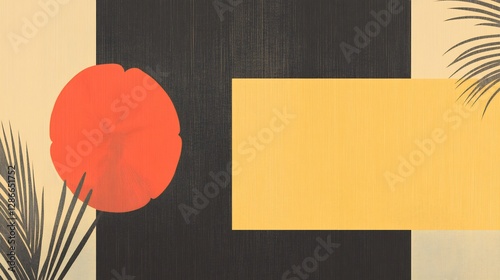 Warm toned abstract art features palm leaves and geometric shapes. AI Generated