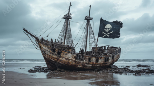 Old broken pirate ship after shipwreck on sea beach. Vector cartoon illustration of ocean landscape with abandoned sunken wooden boat with black flag and sails with skull
