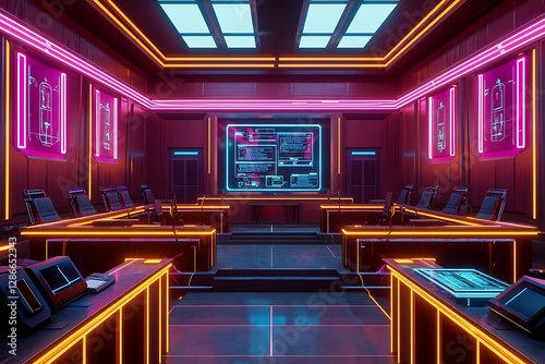 A courtroom the future with neon-lit walls and holographic legal evidence.