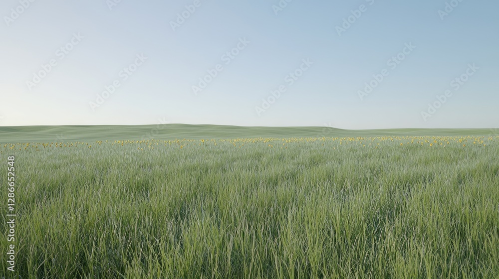 Rolling hills, wildflowers, green grass, calm sky, nature landscape, farm background Rolling hills, wildflowers, green grass, calm sky, nature landscape, farm background