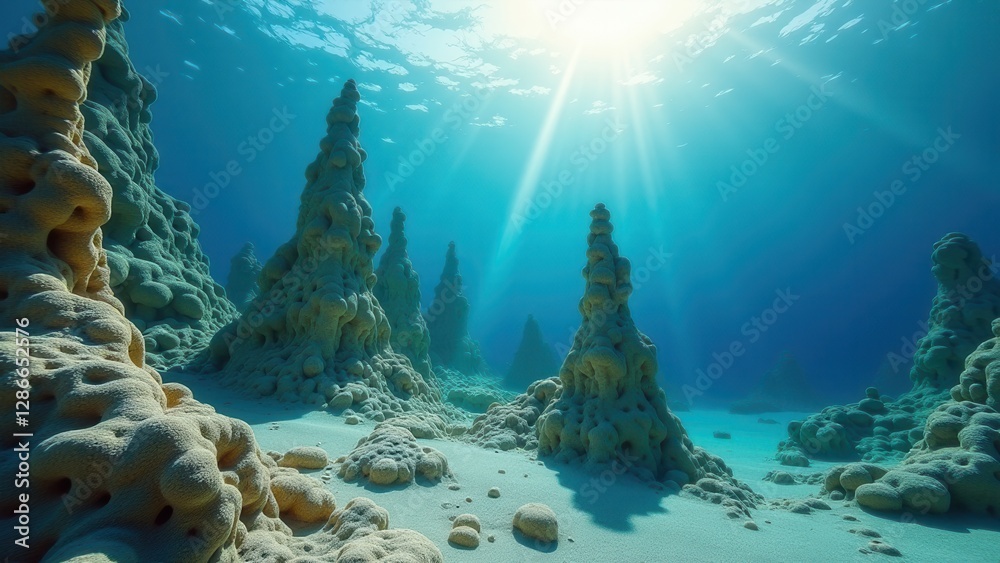 Fototapeta premium Underwater view of bleached coral pillars on sandy ocean floor with sunlight filtering through