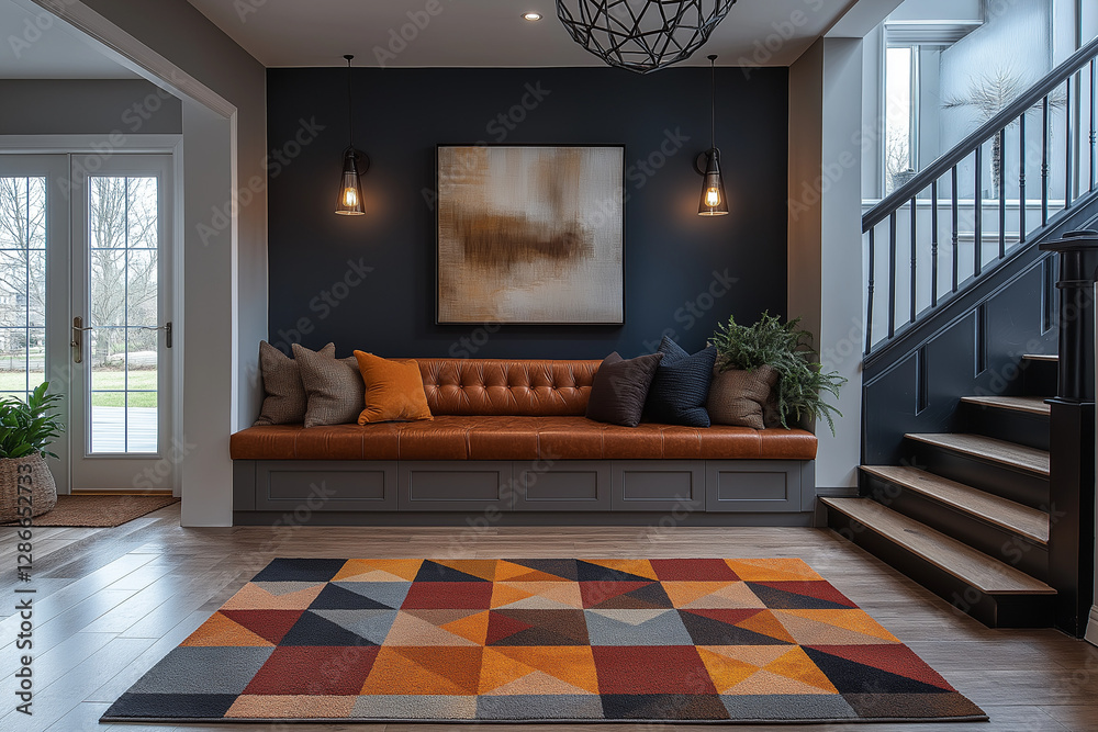 Fototapeta premium Photographie immobilière d’un hall d’entrée moderne avec tapis géométrique et suspension design. HDR, 3D, tendance, architecte