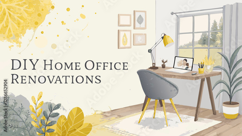 Watercolor strokes of a cozy workspace in soft yellow and gray hues, inspiring DIY home office renovations with copy space  