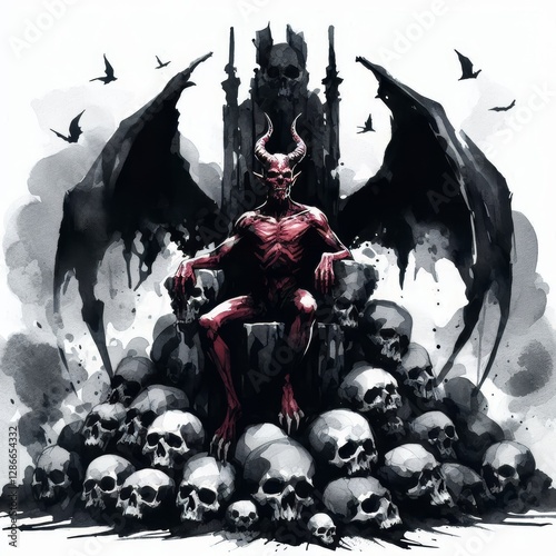 Watercolor depiction of the devil enthroned in a macabre skull lair
