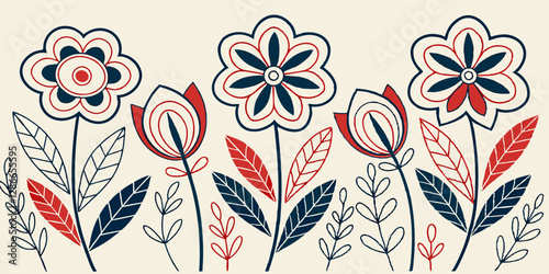 Create a modern geometric floral pattern with bold abstract flower shapes and line art.