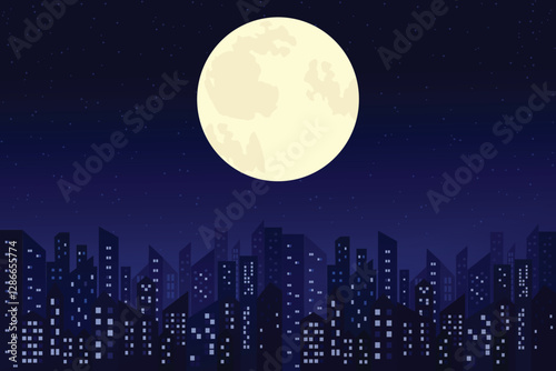 Flat vector illustration of a night city with moon and stars