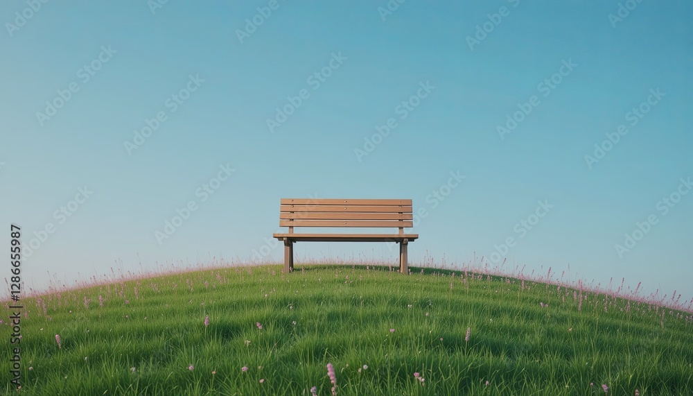 Serene bench on a hilltop nature landscape tranquil environment wide angle view peaceful concept Serene bench on a hilltop nature landscape tranquil environment wide angle view peaceful concept