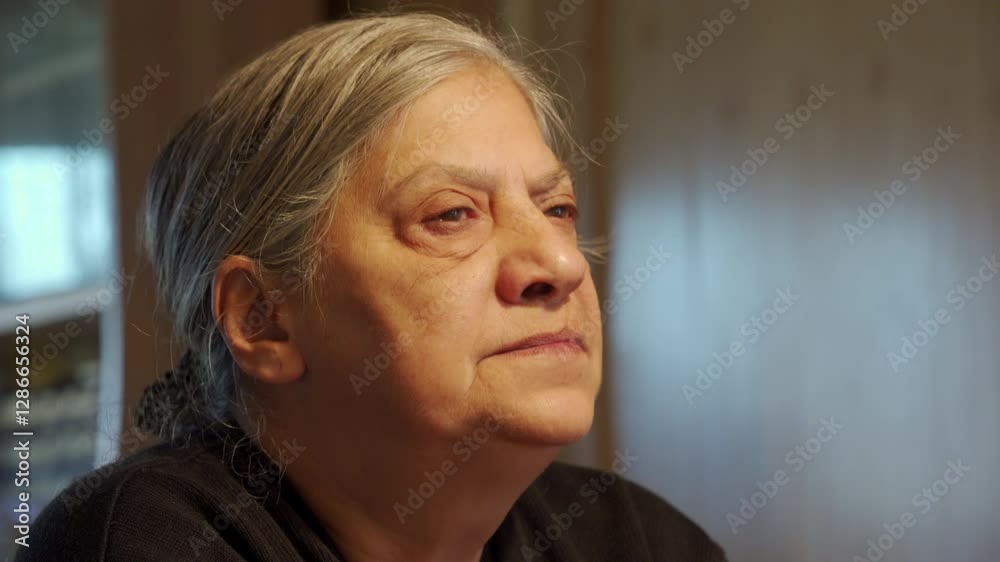 Sixty-five-year-old elderly woman is engaged in lively conversation while sitting at table in living room. Gray-haired woman listens to her interlocutor. Sixty-five-year-old elderly woman is engaged in lively conversation while sitting at table in living room. Gray-haired woman listens to her interlocutor.