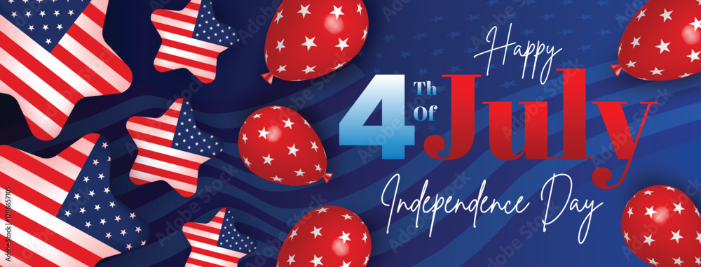 Fototapeta premium Elegant dark blue 4th of July independence day background with USA flags, balloons, and patriotic decorations for celebration