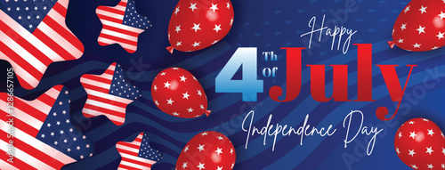 Elegant dark blue 4th of July independence day background with USA flags, balloons, and patriotic decorations for celebration