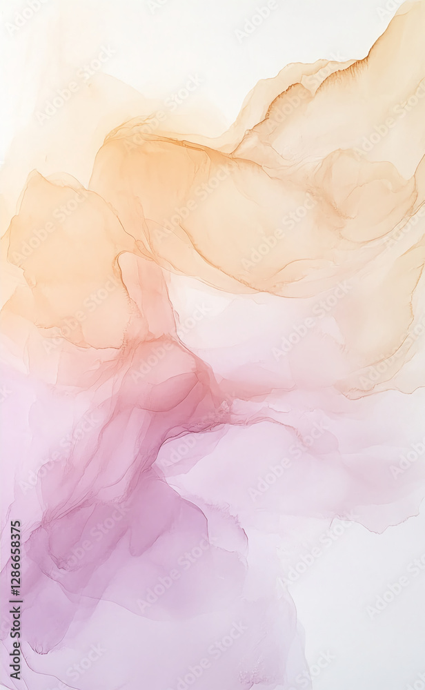Fototapeta premium Abstract watercolor painting with soft peach and pink tones, depicting flowing fluid patterns and smooth transitions, representing gentle motion and ethereal beauty.