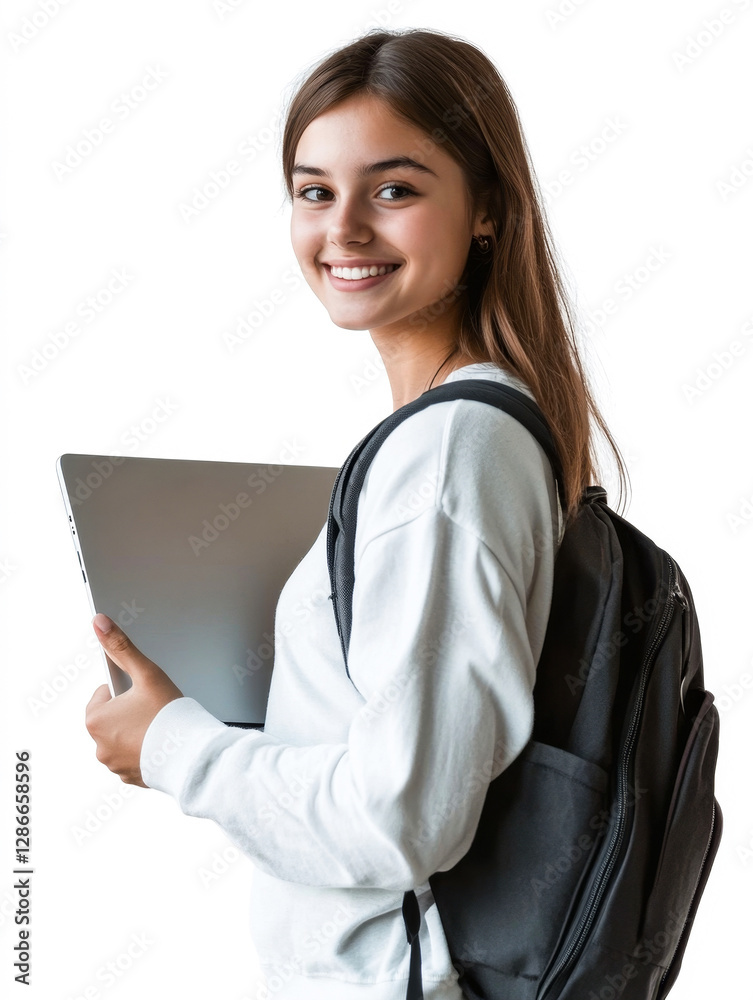 Portrait of smiling student, schoolgirl in white shirt and backpack with open book isolated on white background Portrait of smiling student, schoolgirl in white shirt and backpack with open book isolated on white background