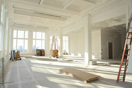 Sunlight streaming into a spacious, empty room undergoing renovations highlights construction materials and ladders, revealing an ornate ceiling filled with elegant details