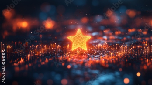 A glowing star icon with floating data charts, representing digital marketing campaigns, online reviews, and influencer analytics