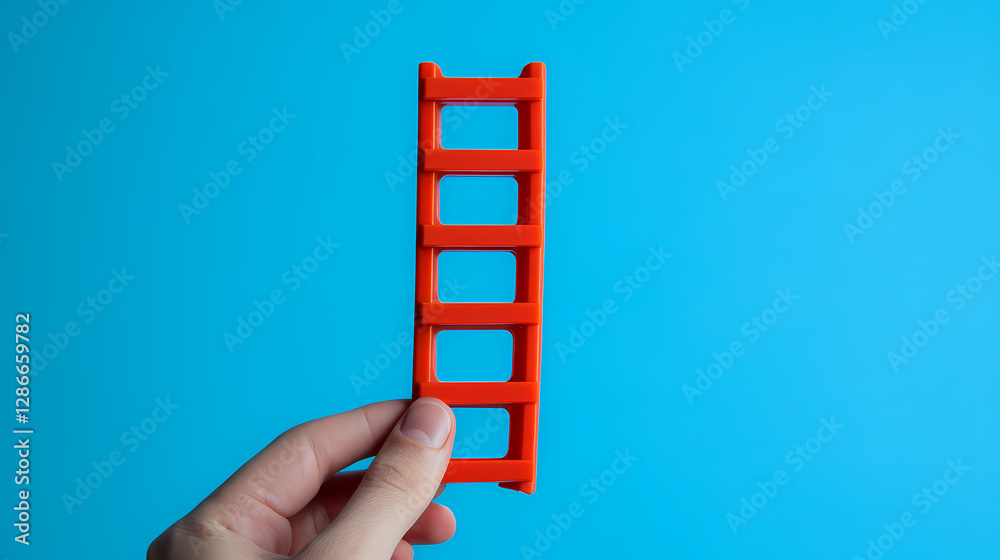 Hand Holding Ladder: Conceptual image featuring a human hand holding a vibrant orange ladder against a striking blue background, representing concepts like progress, growth, and ambition. Hand Holding Ladder: Conceptual image featuring a human hand holding a vibrant orange ladder against a striking blue background, representing concepts like progress, growth, and ambition.