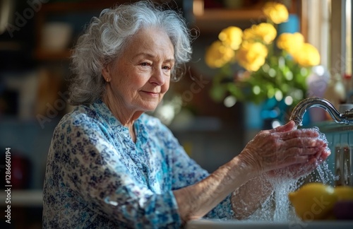 Elderly woman washing hands in kitchen, home hygiene concept photo