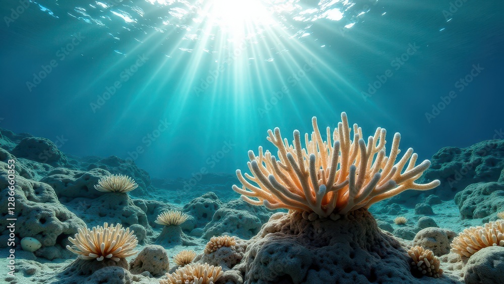 Obraz premium Underwater view of bleached coral reef with sun rays shining through clear ocean water 