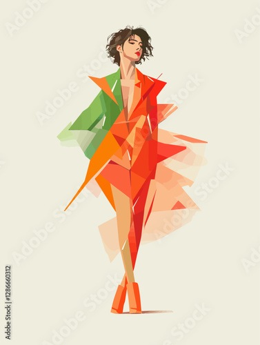 Modern Minimalist Geometric Fashion Illustration of a Confident Woman in Abstract Polygonal Style