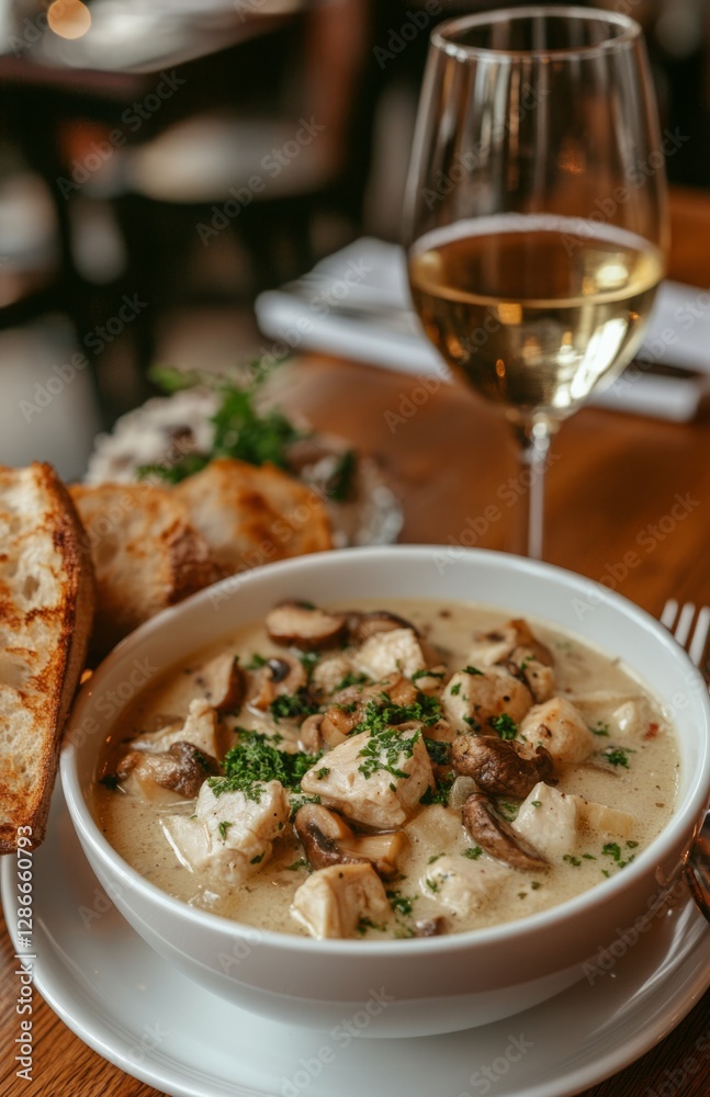 White soup with chicken and mushrooms served in a restaurant setting White soup with chicken and mushrooms served in a restaurant setting