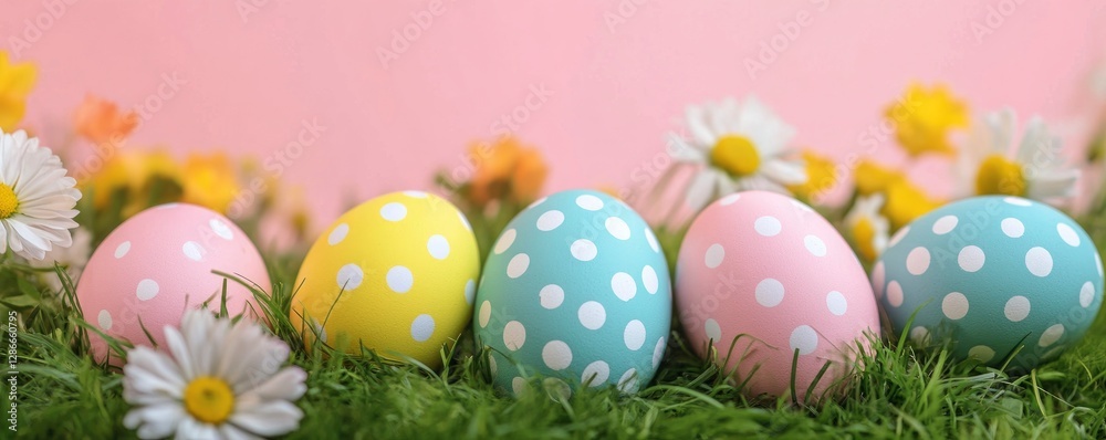 Fototapeta premium Colorful Easter eggs with polka dots and flowers on grass against a pink background. Banner, with copy space. Pastel-colored Easter eggs on a green meadow, a spring holiday decoration.