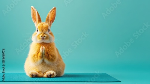 Adorable ginger bunny meditating on a turquoise yoga mat, promoting peace and wellness for animal lovers