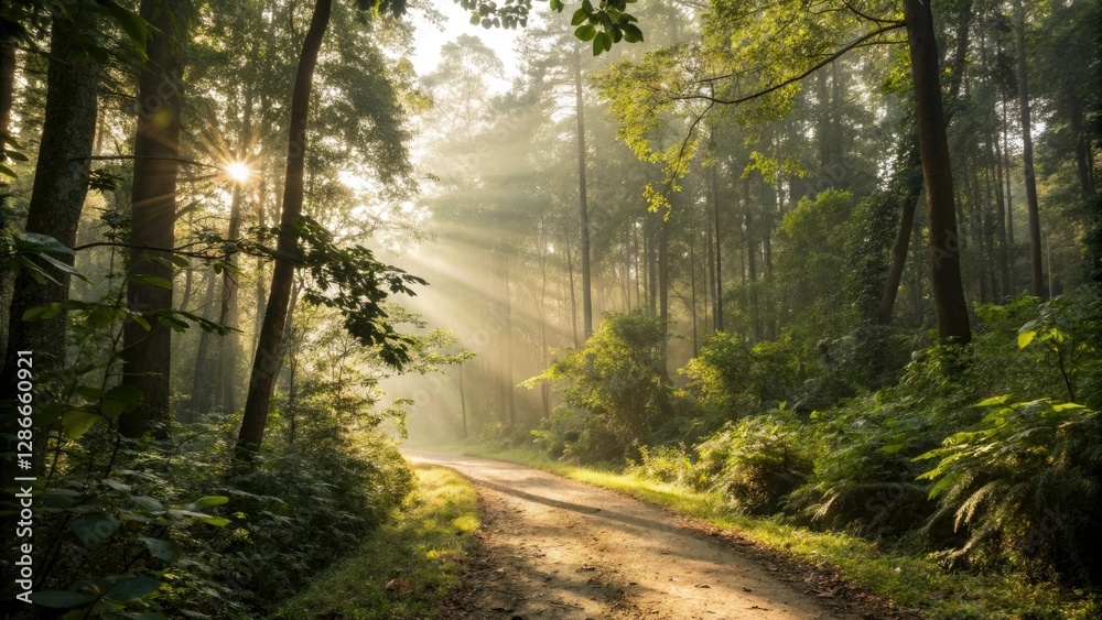 Fototapeta premium Warm sunlight filtering through dense foliage, casting dappled shadows on the forest floor, outdoors, landscape, sunlight, woods, forest