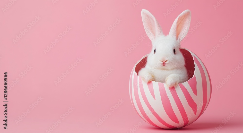 Obraz premium Cute White Easter bunny inside on Easter-striped egg on a pink background with copy space, an Easter concept.