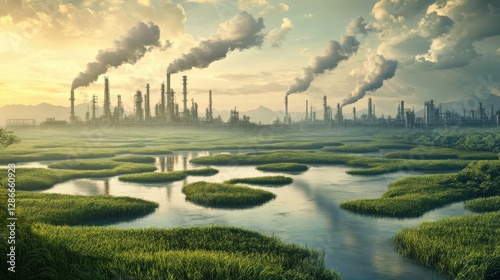 Atmospheric Landscape of Industrial Smoke Plumes over Lush Green Marshes and Calm Waterways photo