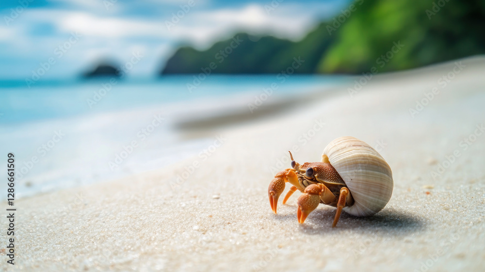hermit crab with spiral shell crawls on sandy beach of Koh Kradan, Trang, with blurred ocean and lush green hills in background hermit crab with spiral shell crawls on sandy beach of Koh Kradan, Trang, with blurred ocean and lush green hills in background