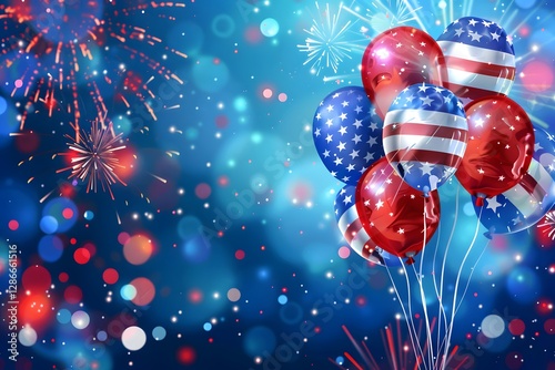 Red, and blue balloons floating with fireworks and the American flag, featuring a banner for 4th of July celebration copy space