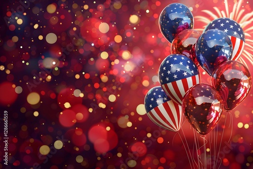 Red, and blue balloons floating with fireworks and the American flag, featuring a banner for 4th of July celebration copy space