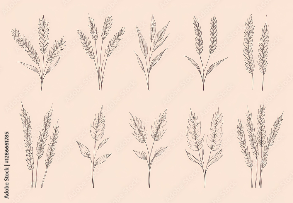 Fototapeta premium Vintage Wheat and Grain Set: A collection of delicate vintage-style illustrations of wheat, grain, and leaves, perfect for adding a touch of rustic charm to any project.