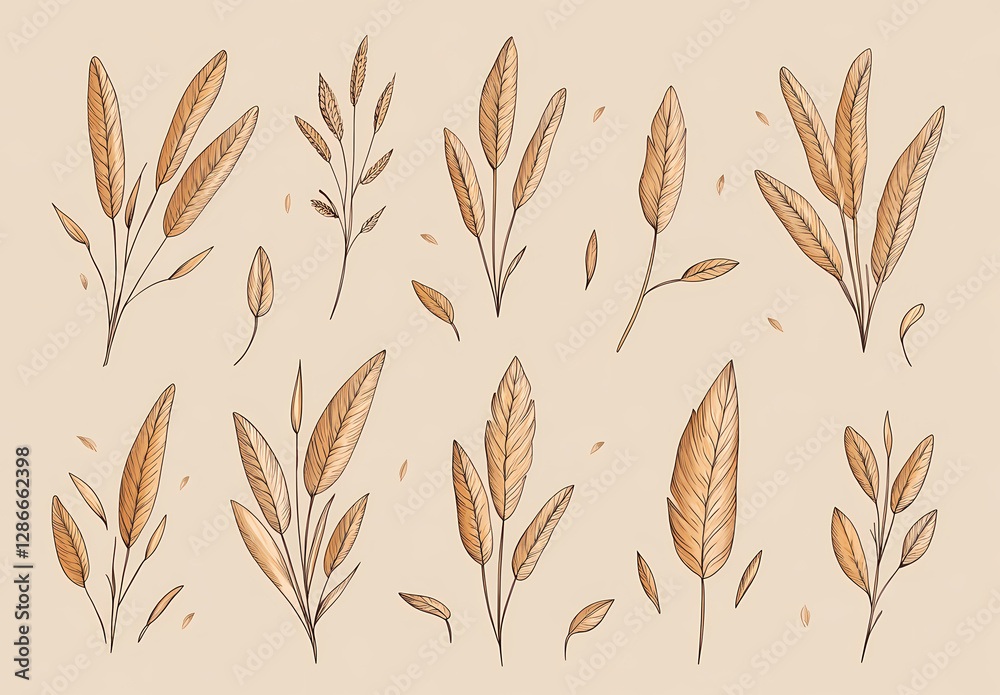 Botanical elegance: a delicate arrangement of hand-drawn wheat and feather-like leaves on a light background. The elegant simplicity captures the essence of natural beauty.