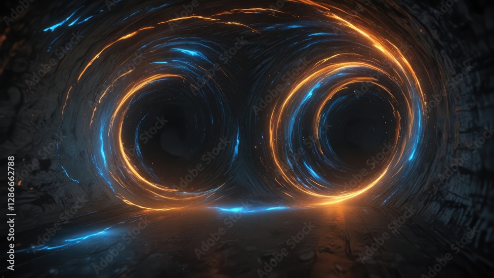Obraz premium Vibrant blue and orange swirling vortex in a dark tunnel, creating a stunning bokeh effect, abstract, winding