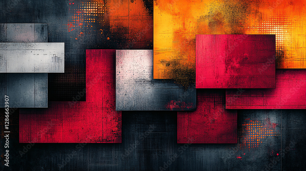 Eye-catching geometric poster with multicolored squares, each filled with artistic brush strokes, patterns, or futuristic elements Eye-catching geometric poster with multicolored squares, each filled with artistic brush strokes, patterns, or futuristic elements