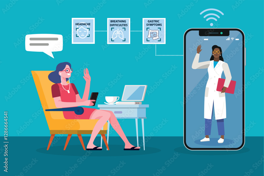 Patient video calling doctor using telemedicine on smartphone app Patient video calling doctor using telemedicine on smartphone app