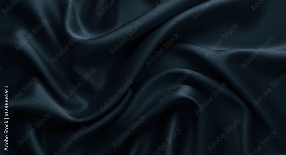 Fototapeta premium A deep blue fabric texture with a wavy pattern The material appears to be satin or silk with a smooth and glossy finish The folds and creases create shadows and highlights adding depth 