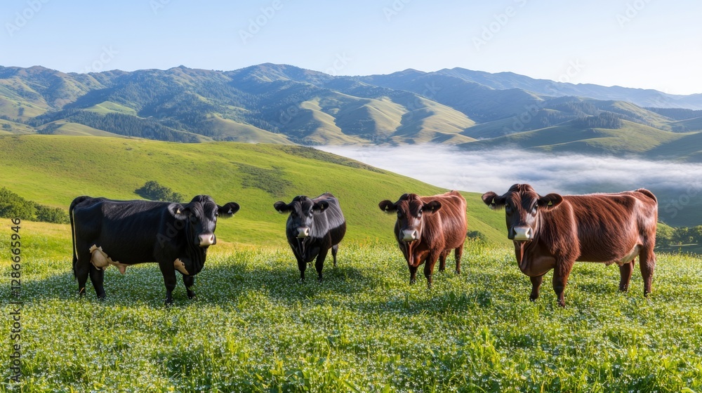 Obraz premium Group of cows grazing in a green meadow with grass under a clear blue sky in a rural landscape