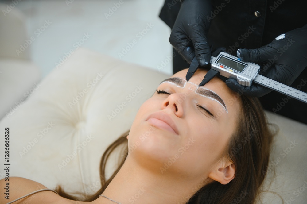 Naklejka premium Beauty master measuring eyebrows with calipers before powder permanent makeup. Closeup shot