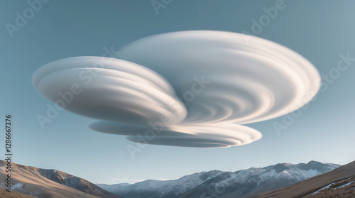 Unique lenticular cloud formation over mountainous landscape during daylight captures attention