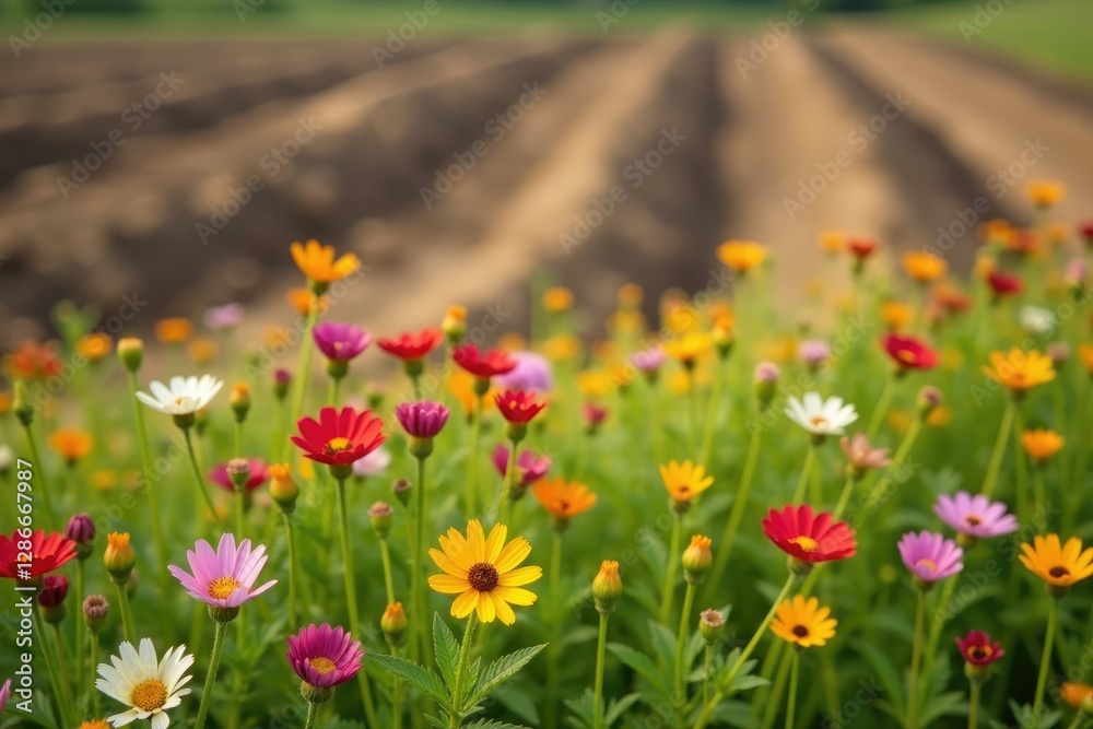 Obraz premium Wildflowers blooming in a field with a plowed background, earthy tones, rustic