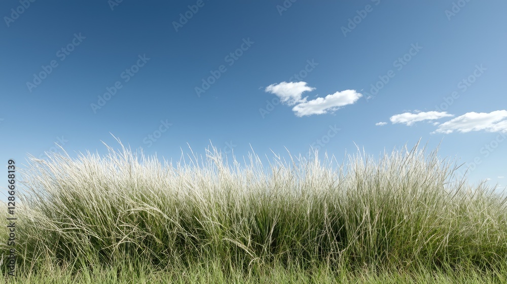 Fluffy Grass Field Under Clear Blue Sky Fluffy Grass Field Under Clear Blue Sky