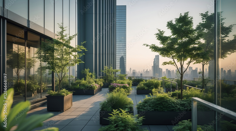 Naklejka premium Urban garden terrace with lush greenery and skyline view at sunset overlooking modern cityscape
