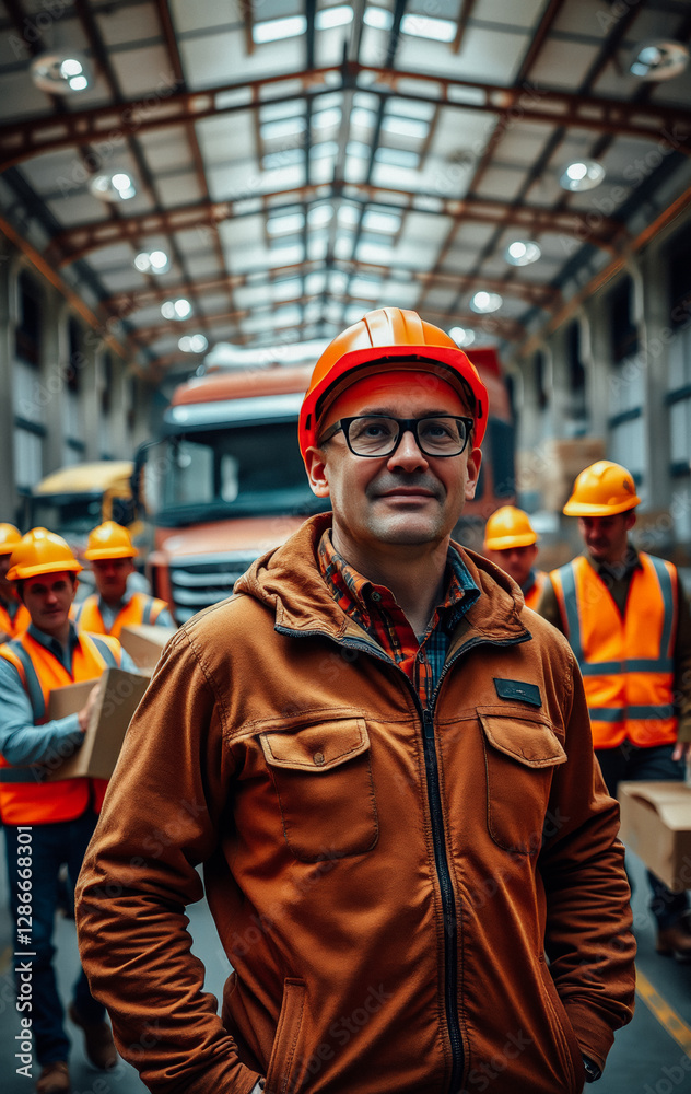 A senior warehouse supervisor in a hard hat and safety vest standing with a team of workers in an industrial facility A senior warehouse supervisor in a hard hat and safety vest standing with a team of workers in an industrial facility