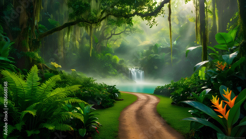 a breathtakingly serene and vibrant cinematic photograph of a lush tropical forest, set against a natural background awash in a soothing palette of emerald greens, with dappled sunlight filtering thro photo