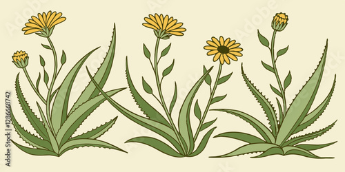 Generate a medicinal plant pattern with illustrated aloe vera and calendula.