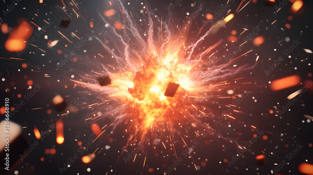 Fototapeta premium Conceptual depiction of an explosion with orange and red sparks in a dramatic visual representation of energy release