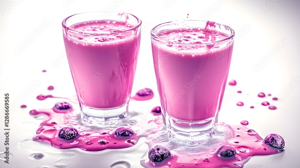 Two Glasses of Pink Smoothie with Splashes and Berries Two Glasses of Pink Smoothie with Splashes and Berries