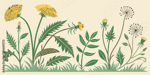 Generate a rustic wild nettle and dandelion floral pattern for herbal branding.